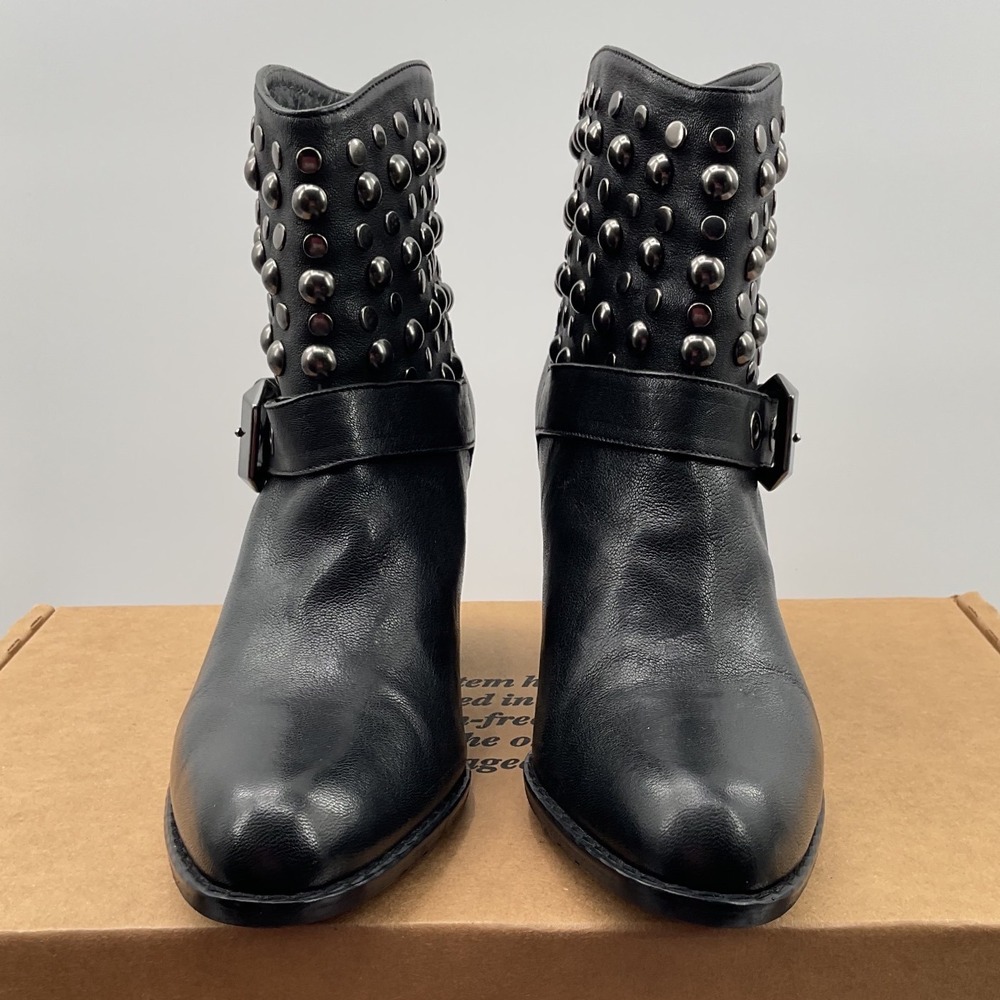 Stuart Weitzman Black Leather Studded Buckle Ankle Boots Heel Pointed Toe Y2K